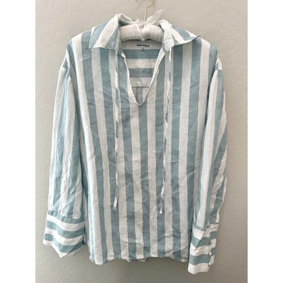 REFORMATION | Gabriel Oversized Striped 100% Linen Shirt Top Blue White | Small - Picture 2 of 9